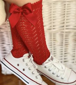 Children's Solid Color Mesh Bow Mid Length Socks With Removable Loops (Option: Red-S foot length10cm)
