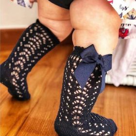Children's Solid Color Mesh Bow Mid Length Socks With Removable Loops (Option: Royal blue-M foot length12cm)