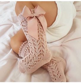 Children's Solid Color Mesh Bow Mid Length Socks With Removable Loops (Option: Lotus root pink color-S foot length10cm)
