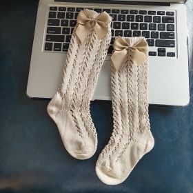 Children's Solid Color Mesh Bow Mid Length Socks With Removable Loops (Option: Shallow khaki-L foot length14cm)