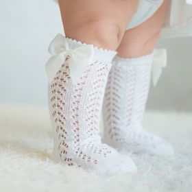 Children's Solid Color Mesh Bow Mid Length Socks With Removable Loops (Option: White-L foot length14cm)