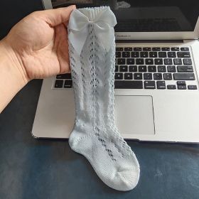 Children's Solid Color Mesh Bow Mid Length Socks With Removable Loops (Option: Powder blue-L foot length14cm)