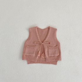 Children's Cardigan Knitted Tassel Tie Vest (Option: Pink-73cm)