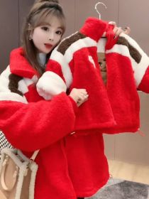 Parent-child Clothing For A Family Of Three In Winter With Wool Thickened Lamb Coat (Option: Red-Kids Coat120)