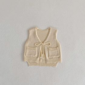 Children's Cardigan Knitted Tassel Tie Vest (Option: Apricot White-90cm)