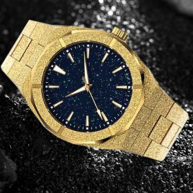Popular stainless steel waterproof quartz watch gold steel sand starry sky face men's watch (colour: Golden shell starry sky surface)
