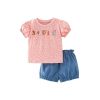 Baby Girl Floral & Slogan Print Graphic Puff Sleeve Tee Combo Denim Shorts Sets