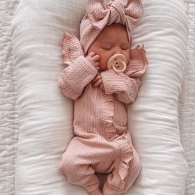 Girl Infant Bodysuit Long-sleeved Knitted Stretch Waffle Jumpsuit (Option: Pink With Hair Band-73cm)