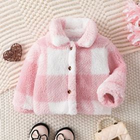 Children Girls' Autumn And Winter Lapel Plaid Single-breasted Long Sleeve Fashionable Korean Style Fashionable Velvet Coat (Option: Pink-90)