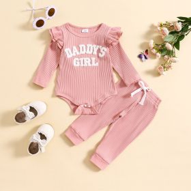 Candy Color Sunken Stripe Letter Embroidery Suit (Option: Pink-90cm)