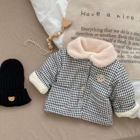 Baby Winter Coat Men's And Women's Korean-style Plaid Bear Quilted To Keep Warm Cotton-padded Jacket Thickened Children's Cotton Clothes (Option: Black And White-80cm)
