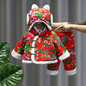 Large Floral Jacket Winter Thickened Girls Padded Cotton Clothes Cotton Pants (Option: Red-120cm)