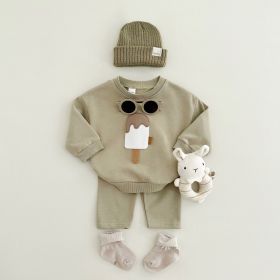 Two-piece Suit Boys And Girls Long Sleeve Trousers Suit Sportswear Autumn And Winter (Option: Matcha-18 24M)