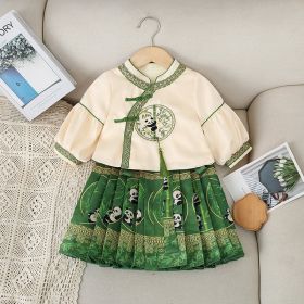 Girls Dress Fashion National Style Children's Two-piece Suit Horse-face Skirt (Option: Green-100cm)
