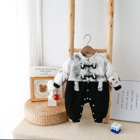 Baby Autumn National Style Cartoon Jumpsuit With Plush Climbing Suit (Option: Black-80cm)